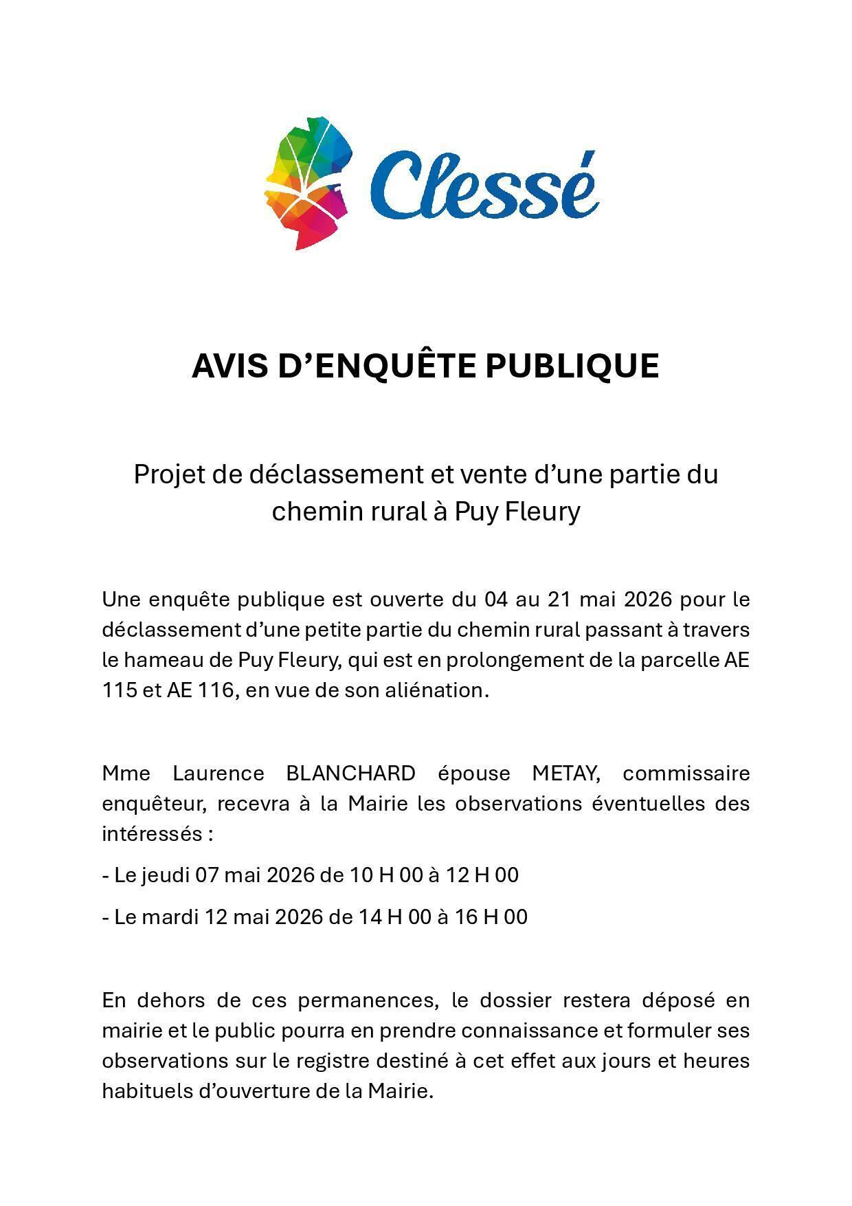 Avis d'enquête publique Puy Fleury