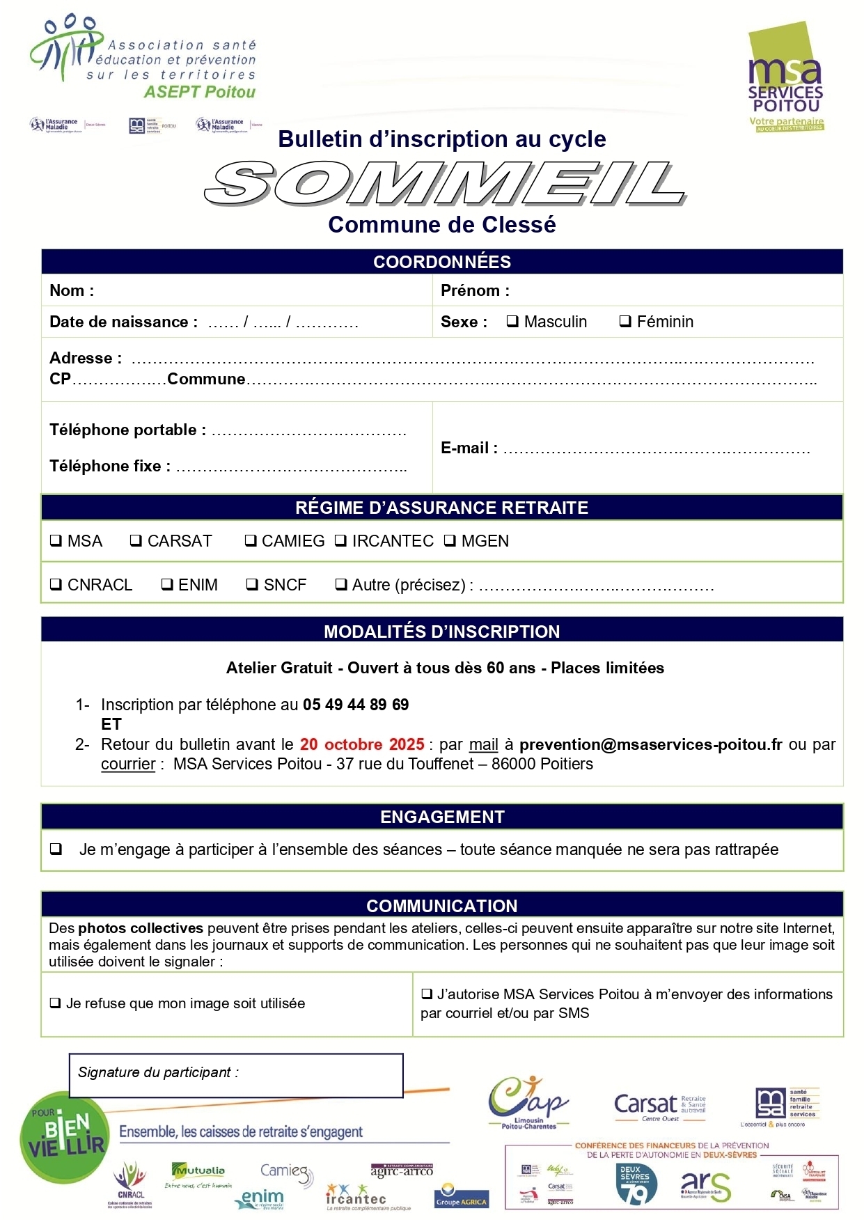 Bulletin d'inscription atelier sommeil