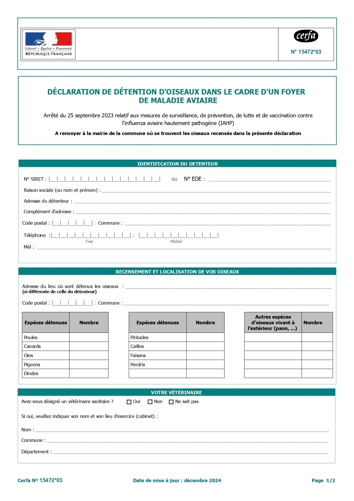 Cerfa - Déclaration de détention d'oiseaux dans le cadre d'un foyer de maladie aviaire