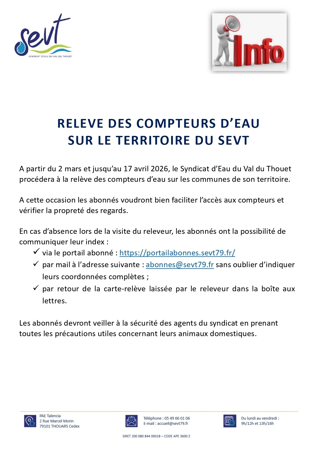 RELEVE DES COMPTEURS D’EAU SUR LE TERRITOIRE DU SEVT